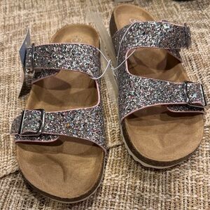 Cat & Jack Silver Glitter Double-Buckle Slides with Pink Trim
